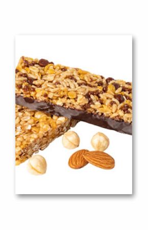 Two cereal bars with chocolate, almonds and hazelnuts falling on transparent background