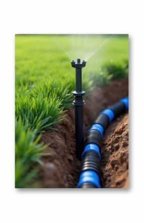 Close-up view installing automatic pop-up lawn sprinkler. Green grass lawn irrigation system with blue, black piping. Watering, humidification, automation system in garden, agricultural field. Water