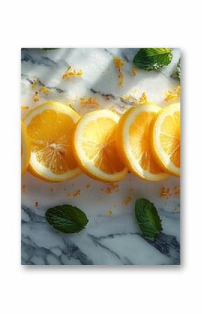 A vibrant flatlay of freshly sliced lemons arranged on a marble surface, with scattered mint leaves, a wooden citrus reamer, and a few lemon seeds adding texture, lit by bright morning sunlight.
