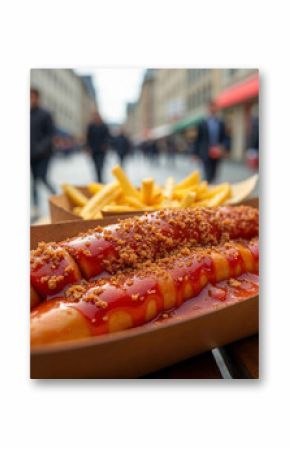 Delicious street food with currywurst and fries on a table