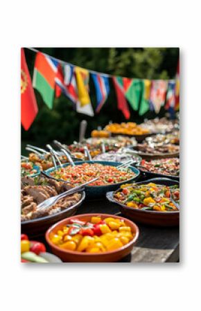 Delicious international buffet feast sunny outdoor celebration