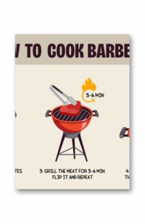 How to cook barbecue. Step by step instructions or guide to cooking delicious steak or grilled sausages. Cooking manual or infographic. Design element for print. Cartoon flat vector illustration