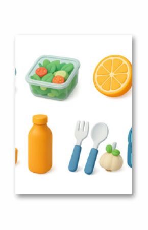 3D icon set of lunch prep: sandwich box, salad container, fruit slice, yogurt pot, snack bar, juice bottle, cutlery set, cooler bag. 3d icon. Generated icons set of 3d style in a modern design.