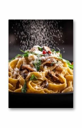A delicious plate of pasta with creamy mushroom sauce being sprinkled with Parmesan cheese for a gourmet presentation on a dark background.
