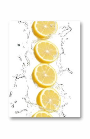 Zesty Cascade: Capturing the invigorating essence of fresh lemons sliced mid-air, with an explosion of water droplets cascading in a display of freshness and citrus delight. 