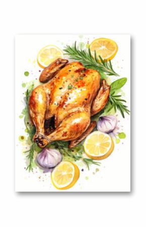 Roasted whole chicken with herbs and lemon on a serving plate watercolor style illustration