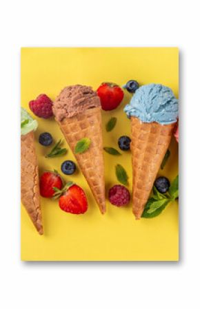  Colorful bright ice cream in waffle cones on bright background