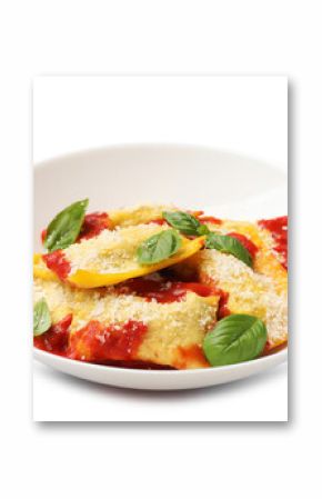 Delicious ravioli with tomato sauce, parmesan cheese and basil isolated on white