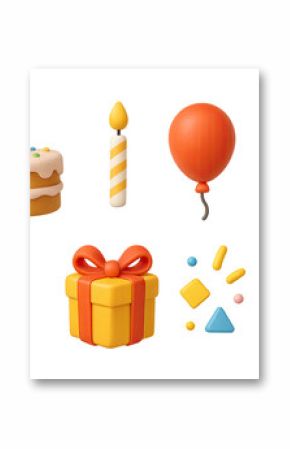 3D icon set of birthday party: cake, candle, balloon, party hat, gift box, streamers, confetti, cupcake. 3d icon. Isolated