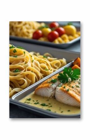 Close-up of hot pasta and baked fish dishes