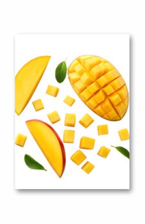 Fresh mango slices and cubes, overhead view.