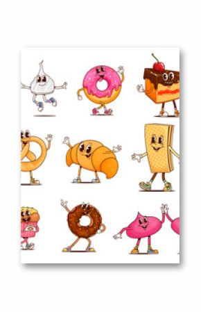 Bakery, sweets and desserts groovy characters. Vector set of cartoon donut, cake, wafer and cookie. Meringue, pretzel, ice cream and cupcake, croissant, macaroon and muffin pastries treat personages