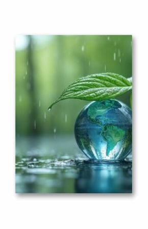 Concept of World Water Day. Transparent glass globe with continents in raindrops. Green leaf protects from rain. Eco-friendly background. Environmental protection and ecology concept.