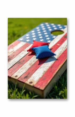 Cornhole game with American flag design. Red and blue bean bags on the wooden board. Green grass background. Summer fun activity, outdoor recreation. Perfect for 4th July celebration, family time.