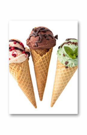 Three different ice creams covered with chocolate top view isolated on transparent background