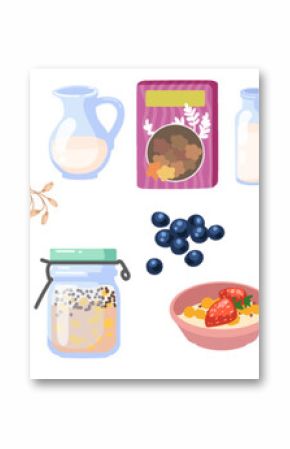 Oat cereal. Healthy food. Oatmeal in bowl. Breakfast grain, granola and porridge. Wheat in box. Jar of muesli with milk. Flake delicious meal. Cornflakes with berry and fruit. Vector cartoon icons set