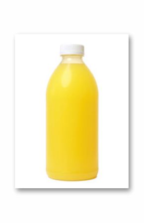 Collection of Yellow Juice Bottles in Various Shapes and Sizes on transparent Background Featuring Clear Plastic Containers with Lids and Bright Yellow Liquid