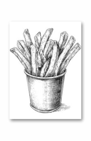 Modern illustration featuring hand-sketched french fries in a cup, depicted in black and white