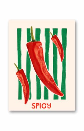 Conceptual art design. Hot red chili peppers on green-striped background, different angles and sizes highlight power, heat and growth. Pepper Line. Concept of harvest, strong taste, home garden