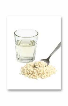 Hydrolyzed collagen protein powder in various stages with glass of water and spoon on transparent background showcasing multiple textures and forms of powder in separate compositions.