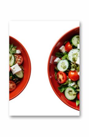 Organic vegetable salad featuring tomatoes, cucumbers, mixed greens, seeds, and feta cheese served in two red bowls against a transparent background with ample copy space.