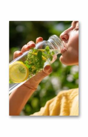 Woman enjoys refreshing lemon and mint water in a sunny garden during a warm afternoon