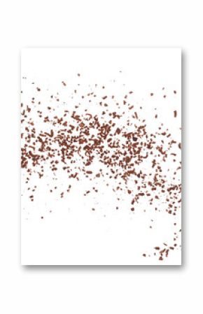 Pile grated, chopped, dark chocolate flying, isolated on white, top view 