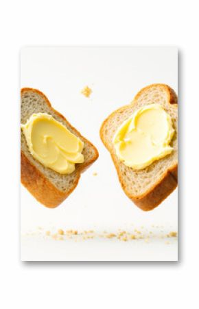Two slices of buttered bread floating with crumbs on a clean white background for food advertising and breakfast promotion concepts.