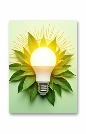 Eco-friendly light bulb with green leaves concept. Symbol of green energy and sustainable resources. Eco tech for carbon neutral goals. Environmental protection illustration.