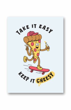 pizza skateboard retro cartoon illustration
