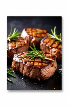 Appetizing grilled veal chops with rosemary sprigs. Tasty meat food. Delicious restaurant dish.