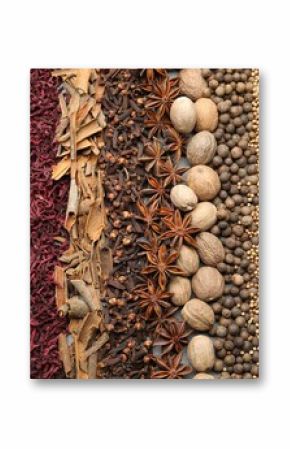 Many different spices as background, top view