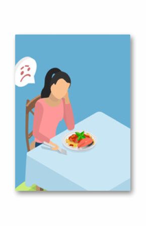 3D Isometric Flat Vector Illustration of Bored Eating, Woman Struggles With Eating Disorder And Lack Of Appetite, Staring At Plate Of Spaghetti