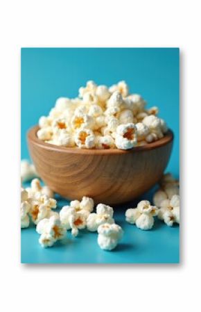 Delicious popcorn in wooden bowl. Fluffy popped kernels scattered on blue background. Tasty snack for movie night. Sweet, salty food for leisure time, family time.