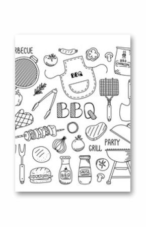 Grill party, outdoors picnic set with barbecue tools and ingredients sketch for cooking and fun