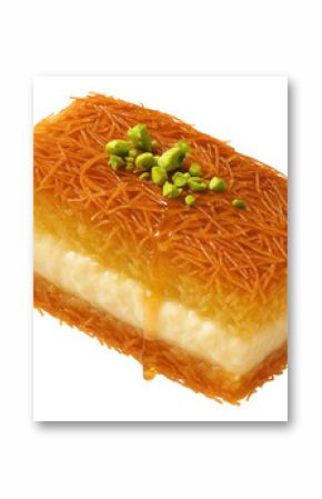 Delicious piece of traditional Middle Eastern kunafa dessert topped with chopped pistachios and drizzled with syrup on transparent background.