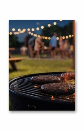The grill sizzling with burgers in a cheerful summer night gathering.