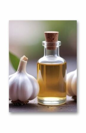 bottle of fresh garlic oil and two bulbs with leaf