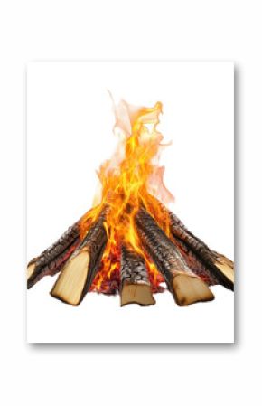 Campsite fire burns brightly with logs and flames at night