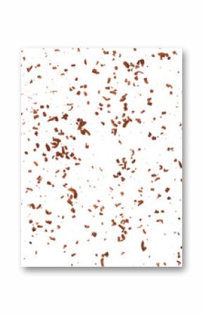Pile grated, chopped, dark chocolate flying, isolated on white, top view 