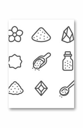 Gourmet Salt Icon Set. Outline icon set of gourmet salt varieties: fleur de sel flower, Himalayan pink mound, black lava shard,