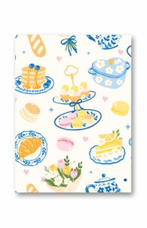 Elegant Afternoon Tea Seamless Pattern, Kawaii Bakery Digital Paper with Cupcakes, Macarons, Pancakes, Lemon Cake and Tea Set
