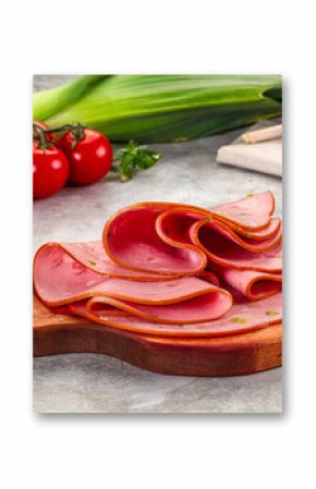 Mortadella pork sausages slices heap