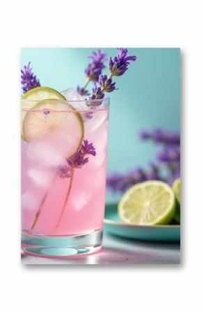 Refreshing lavender lemonade with lime slices and lavender flower. Cool summer soda detox drink, ideal for warm days. Organic healthy summer cocktail. Vegan beverage with vitamins, herbs.