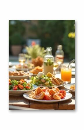 Outdoor meal table setting. Food dishes served for lunch, brunch, dinner at patio. Garden, pool background. Gathering with home cooking for weekend celebration.