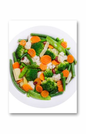 plate of mix of steamed vegetables isolated on transparent background, top view