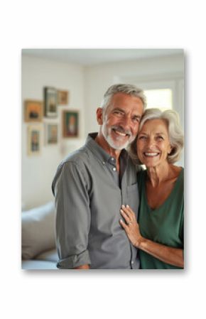 Happy senior couple embrace, smile, look at camera inside cozy house. Older man and woman enjoy life together, casual lifestyle. Retirement, love, vacation, home, happiness, bonding, togetherness.