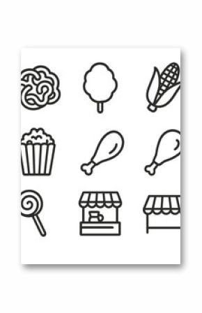 Festival Street Food Icons. Outline icon set of festival and fair street food: funnel cake, cotton candy, corn on the cob, kettle