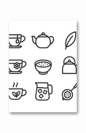 Tea Variety Icons. Outline icon set of tea varieties: green tea cup, black tea pot, oolong leaf, chamomile teacup, matcha bowl,