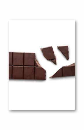 Broken organic dark chocolate bar isolated on a transparent background with shadow from above, top view, png